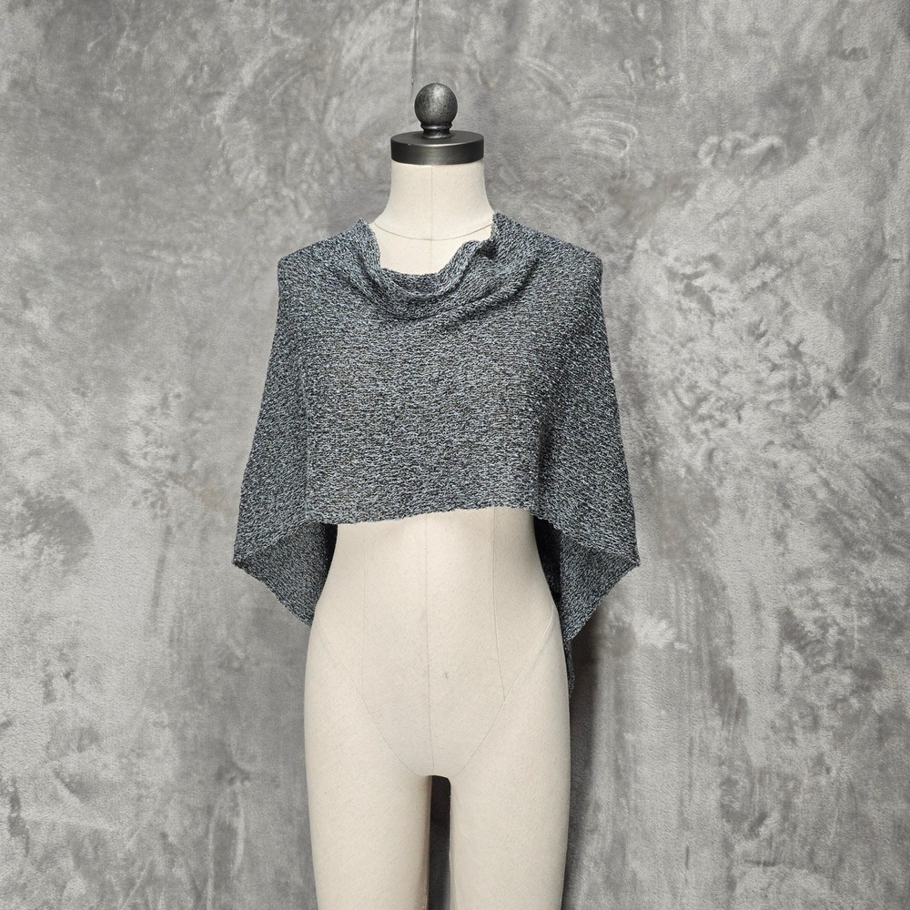 Gray Knit Poncho Shrug Cowl Neck Asymmetrical Rayon Wrap Shawl Boho Layer Drape